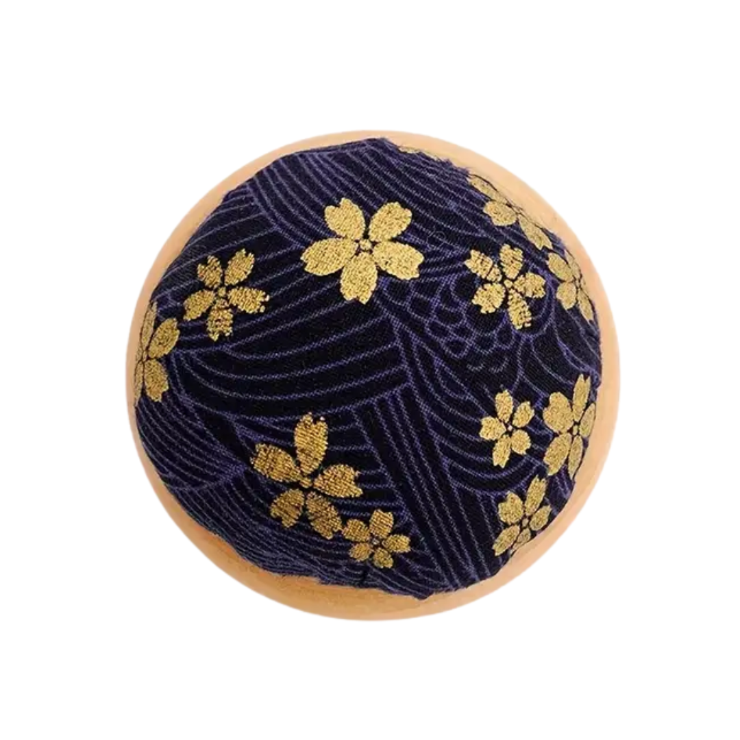 Pin Cushion Wooden Base Navy and Gold Flowers