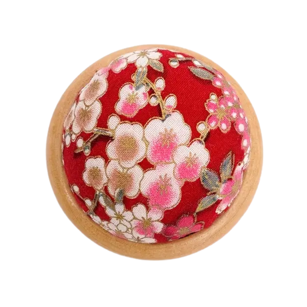 Pin Cushion Wooden Base Red Blossom