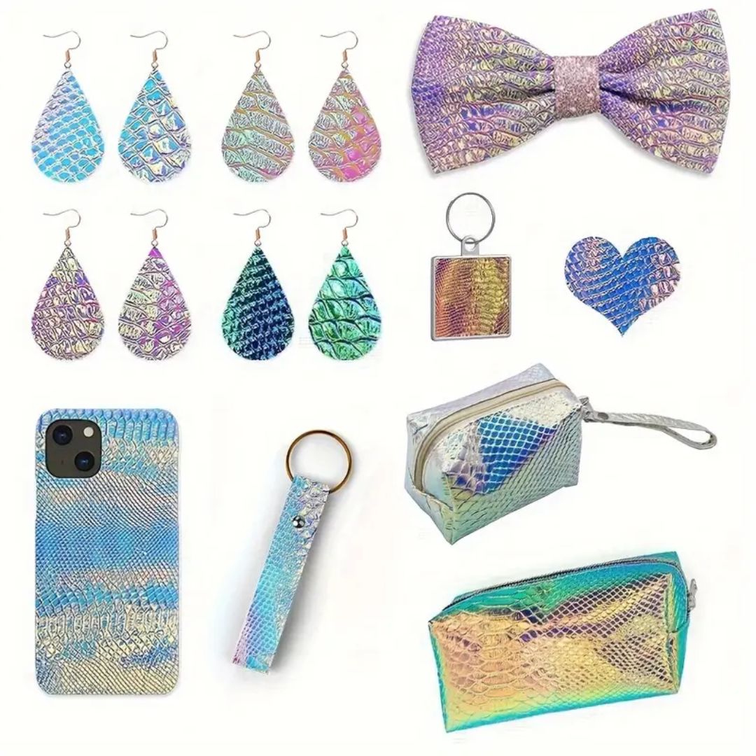 Blue & Green Holographic Snake Embossing PU Faux Leather Sheet